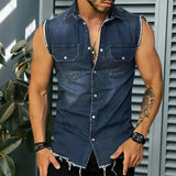Riolio Lapel Sleeveless Vest Jacket Single-breasted Flap Pockets Tassel Men Summer Solid Color Denim Shirt Streetwear Show  Body Muscle