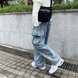 Riolio  Baggy Jeans Men's Oversize Streetwear Fashion Wide Leg Cargo Pants Hip Hop Harajuku Multi-Pocket Denim Trousers Black Blue