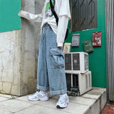 Riolio  Baggy Jeans Men's Oversize Streetwear Fashion Wide Leg Cargo Pants Hip Hop Harajuku Multi-Pocket Denim Trousers Black Blue