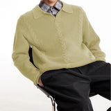 Riolio New American Retro Men Polo Sweater Luxury Trendy Jacquarded V Neck Knit Solid Color Pullover Leisure Loose Long Sleeve Knitwear