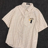 Riolio New Summer Retro American Men and Women Trendy Plaid Collar Short Sleeve College Casual Shirt Embroidered Plaid Loose Casual y2k