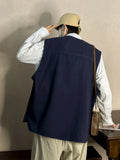 Riolio Loose Fit Japanese Workwear Vest Men's Spring Vintage Large ket Casual Svel V-Ne Jaet Youth Faion