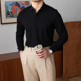 Riolio  Fashion Men Solid Polo Shirts Spring Autumn Korean Male Clothes Business Casual Office Social Loose Long Sleeve Tops