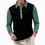 Riolio  Men's Color Block Long Sleeve Polo Shirt Contrast Collar Button Placket Casual Golf Top