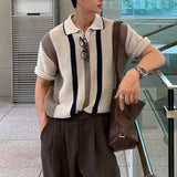 Riolio  Summer Korean Knitted Short-sleeved Men's Niche Loose Hollow POLO Shirt Striped Top