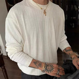 Riolio  Korean Fashion Men Long Sleeve T-shirt Light Luxury Solid Color O Neck Tees Chic Premium Quality Old Money Textured Tops M-3XL