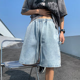 Riolio Korean Style Summer Men's Blue Baggy Denim Shorts New Street Apparel Workwear Large Pocket Wide Leg Denim Shorts Blue