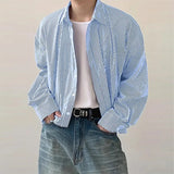 Riolio  New Japanese Trendy Men Shirts Light Luxury Textured Lapel Striped Long Sleeve Cardigan Tops Leisure Premium Loose Blouse M-2XL