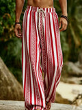 Riolio  Vacation Men Striped Beach Pants Bohemian Geometric Pattern Drawstring Loose Wide Leg Trousers Summer Casual Resort Wear