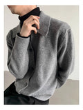 Riolio New Korean Fashion Men Cardigan Jacket Light Luxury Knitted Polo Neck Long Sleeve Sweater Coat Casual Retro Solid Color Knitwear