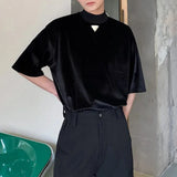 Riolio  Summer Velvet Stand-up Collar Short-sleeved Men's T-shirt Personality Triangle Logo Trend Loose Top Ruffian Handsome Retro