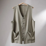 Riolio  Men's Linen Vest Summer Chinese Style Frog Button V Neck Sleeveless Loose Casual Waistcoat