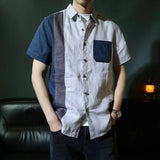 Riolio  Loose Summer Thin Spliced contrasting Color Short-sleeved Linen Shirt Retro Casual Cardigan