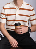 Riolio  Summer Daily Casual Mens Slim Polo Shirt Knitted Striped Crochet Polo Shirts Men Vintage Buttoned Polo Neck Knitting Polos