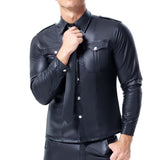 Riolio  Fashion Black Faux Leather Men Oversize Fitness Shirts Long Sleeves Pocket PU Metal Fastener Tops Tees Sexy Slim Fit Sexy Shirt