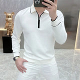 Riolio  High Street Fashion Men Turn-down Collar Half Zipper T-Shirts Simple All-match Long Sleeve Autumn Winter Panelled Elastic Tops