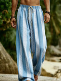Riolio  Vacation Men Striped Beach Pants Bohemian Geometric Pattern Drawstring Loose Wide Leg Trousers Summer Casual Resort Wear
