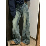 Riolio American Decosition Splicing Retro Blue Denim Pants High Street Hiphop Design Straight Leg Jeans for Teenagers Spring Season