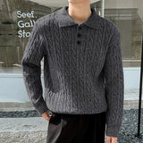 Riolio  Autumn Men's Knitted Polo Sweater Long Sleeve Striped Jacquard Light Luxury Lapel Pullovers Trendy Korean Style Premium Knitwear