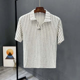 Riolio  Trendy Striped Men V Neck Polo Shirt Summer Fashion Short Sleeve Casual Tops High-End New Design Comfortable Wear