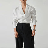 Riolio  Mens Waffle Suit Collar Long-Sleeve Shirt Genderless French Personality Street Fashion Youth Trend Solid Color V-Neck Top Unisex