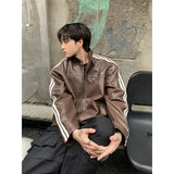 Riolio Retro Leather Jacket Men Women  American Patchwork Strip Racing Outerwear Loose Hip Hop Zippers Brown PU Coat Streetwear Spring