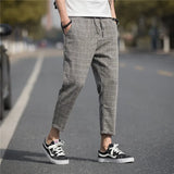 Riolio Men's Straight-leg Pants Spring and Summer New Linen Plaid Retro Fashion Casual Nine Points Pants Men's Clothing Ankle Trousers