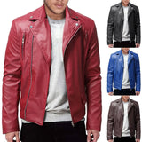 Riolio WELL DRESSED Men PU Leather Jacket Solid Color Casual Slim-Fit Zipper Long Sleeve Turn-Down Collar Motorcycle Leather JacketCoat Men Clothing