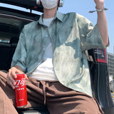 Riolio  American Street Tie-dye Ice Silk Shirt Chic Men Blouses Summer Couple Tide Short-sleeved Shirt Loose Single-breasted Shirt