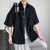 Riolio Working Pocket Solid Color Pure Cotton Short-sleeved Shirt Fashionable Summer Lapel Button Functional Half-sleeved Cardigan