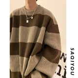 Riolio Korean style patchwork striped sweater for men in autumn and winter lazy loose knitted sweater round neck retro trendy sweater