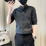 Riolio  Striped Shirt New Men Summer Casual Thin Stand-up Collar Cardigan Five-sleeved Top