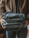 Riolio Retro Vertical Striped Denim Shirt Heavy American Casual Vintage Workwear Clothes Washing Old Pockets Long-sleeve Shirt