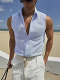 Riolio  Summer New Striped Sleeveless Shirt Men's Slim Breathable Collared Tank Top Lightweight Seersucker Textured Casual Open Vest