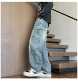 Riolio  Straight Leg Jeans Elastic Waist 2025 New Patchwork Design Utility Cargo Pants Men Big Side Pockets Autumn Workwear Trousers