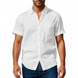 Riolio  Cross-border Men's Hawaiian Style Flax Casual Henry Neck Lapel Casual Short Sleeve Shirt