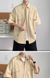 Riolio Working Pocket Solid Color Pure Cotton Short-sleeved Shirt Fashionable Summer Lapel Button Functional Half-sleeved Cardigan