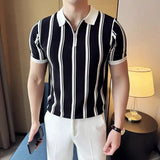 Riolio  Korean Fashion Men Polo Shirts Summer Trend Smart Casual Lapel Striped Contrast Color Half Zipper Short Sleeve Slim Knitted Tops