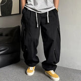 Riolio  Men Drawstring Loose Curved Wide Leg Casual Cargo Pants