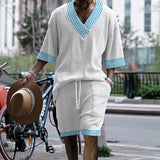 Riolio Summer New Men's Suit Japanese And Korean Style Stripes Color Matching Loose Large Size Casual Men's Clothing Two-piece Set