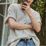 Riolio New Fashion Korean Style Men T-shirt Light Luxury Henry Collar Tops Casual Loose High Quality Solid Color Half Sleeve Tees M-2XL