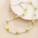 Riolio Boho Handmade Beaded Smiling Face Pearl Collar Clavicle Chain Fashion Imitation Pearl Necklace for Men Women Korean Jewelry