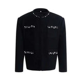 Riolio  Mens Y2k Faux Pearl Detail Padded Shoulder Casual Jacket Autumn Streetwear Fashion Minimalist Youth City Boy Outerwear