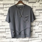 Riolio  Fashion O-Neck Pockets Irregular Hole Tassel T-Shirts Men's Clothing Summer New Loose Casual Tops Asymmetrical Tee Shirt