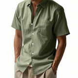Riolio  Cross-border Men's Hawaiian Style Flax Casual Henry Neck Lapel Casual Short Sleeve Shirt