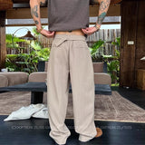 Riolio New Retro Fashion Men Suit Pants Light Luxury Draped Baggy Belt Button-down Solid Color Straight Trousers Elegant Dress Pants