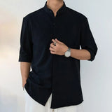 Riolio Slim Fit Stand Collar Shirt Men Solid Color Shirt Stylish Stand Collar Men's Shirt for Business Commute Office Slim Fit Half