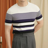 Riolio  Stylish Striped Knitting T Shirts Mens Summer Casual Breathable Slim Fit Tees Men Fashion Short Sleeve O Neck Knitted Pullovers