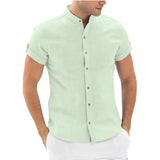Riolio  Spring Summer Designer Casual Shirts For Men Cotton Linen Solid Color Shorts Sleeve Shirts White Loose Stand Collar Shirts Tops