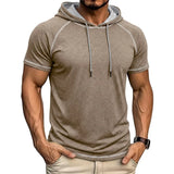 Riolio  Men's Short Sleeve Hoodie Contrast Stitch Raglan Sleeve Drawstring Casual Summer Pullover
